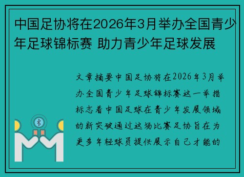 中国足协将在2026年3月举办全国青少年足球锦标赛 助力青少年足球发展